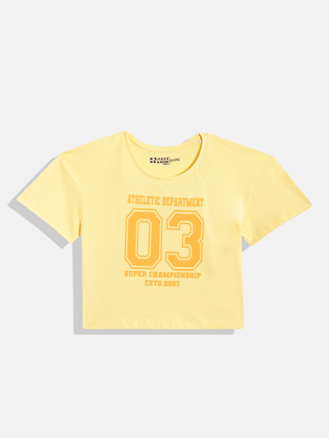 

HERE&NOW Girls Pure Cotton Varsity Printed Boxy T-shirt, Yellow