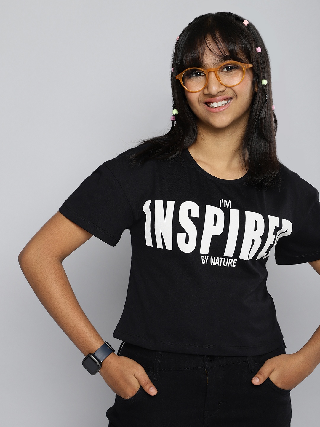

HERE&NOW Girls Pure Cotton Typography Printed Drop-Shoulder Sleeves Boxy T-shirt, Black