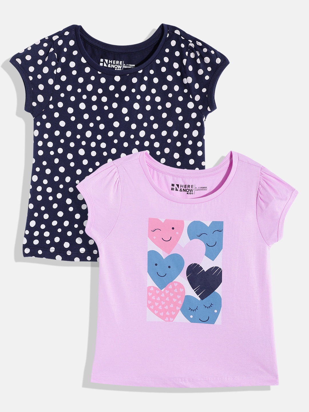 

HERE&NOW Girls Pack of 2 Assorted Pure Cotton Printed Puff Sleeves T-shirts