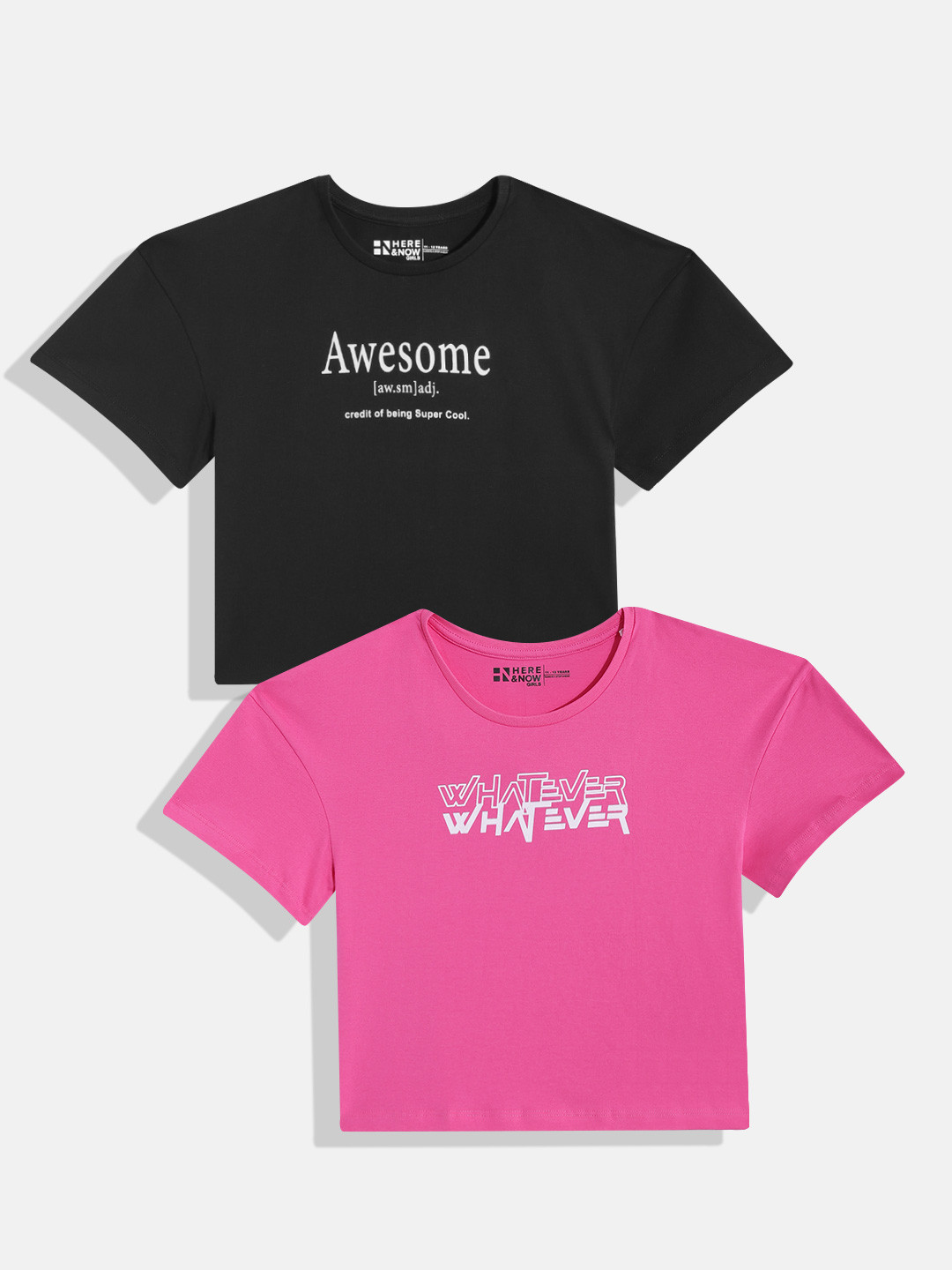 

HERE&NOW Girls Pack of 2 Pure Cotton Assorted Printed Drop-Shoulder Sleeves Boxy T-shirts