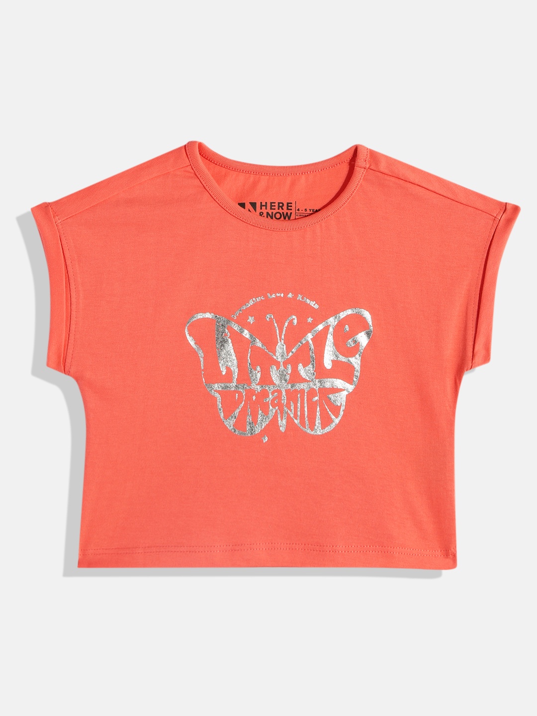 

HERE&NOW Girls Conversational Printed Pure Cotton T-shirt, Coral