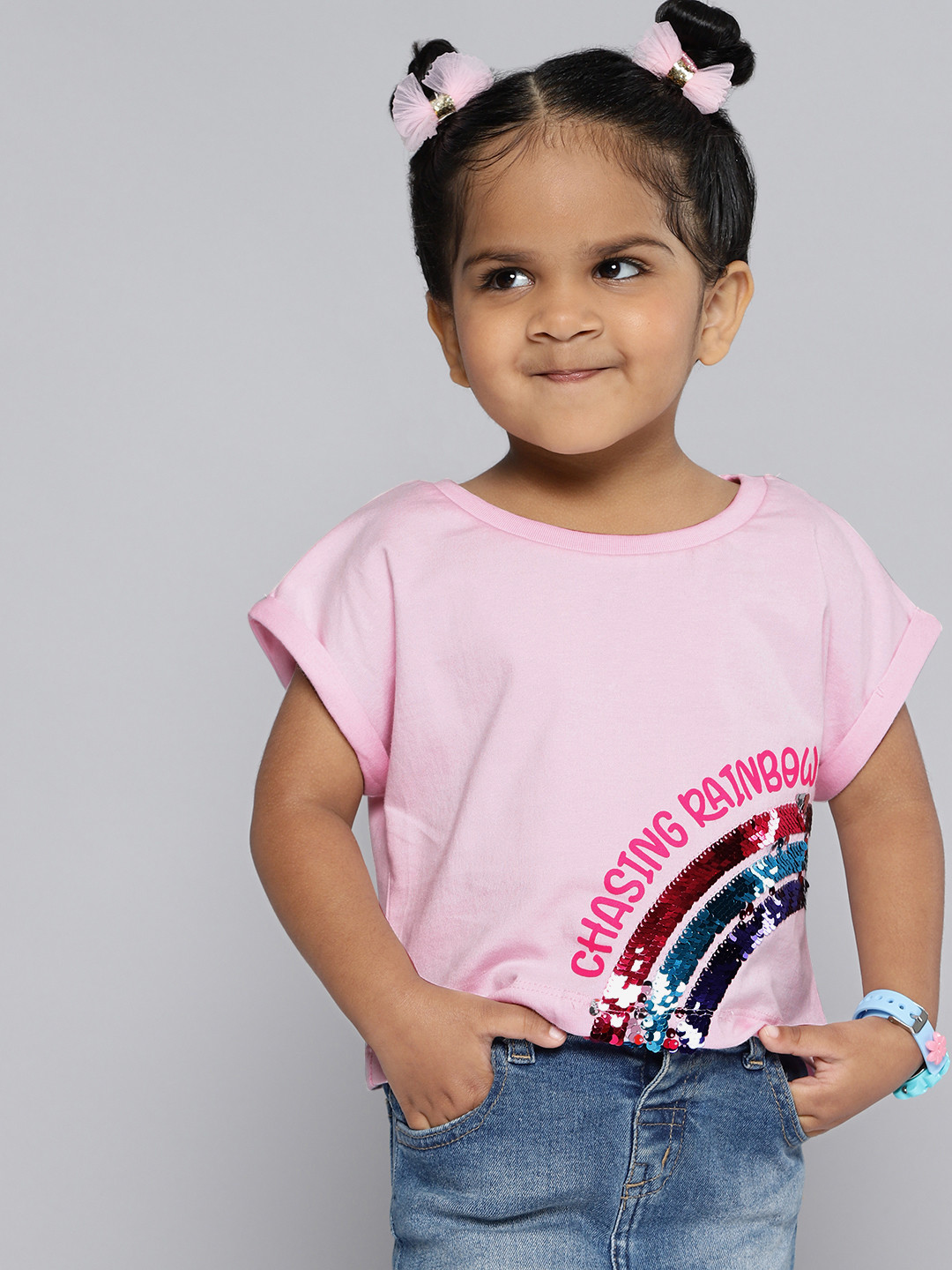 

HERE&NOW Girls Cotton Flip Sequin Typography Printed Extended Sleeves Crop Boxy T-shirt, Pink
