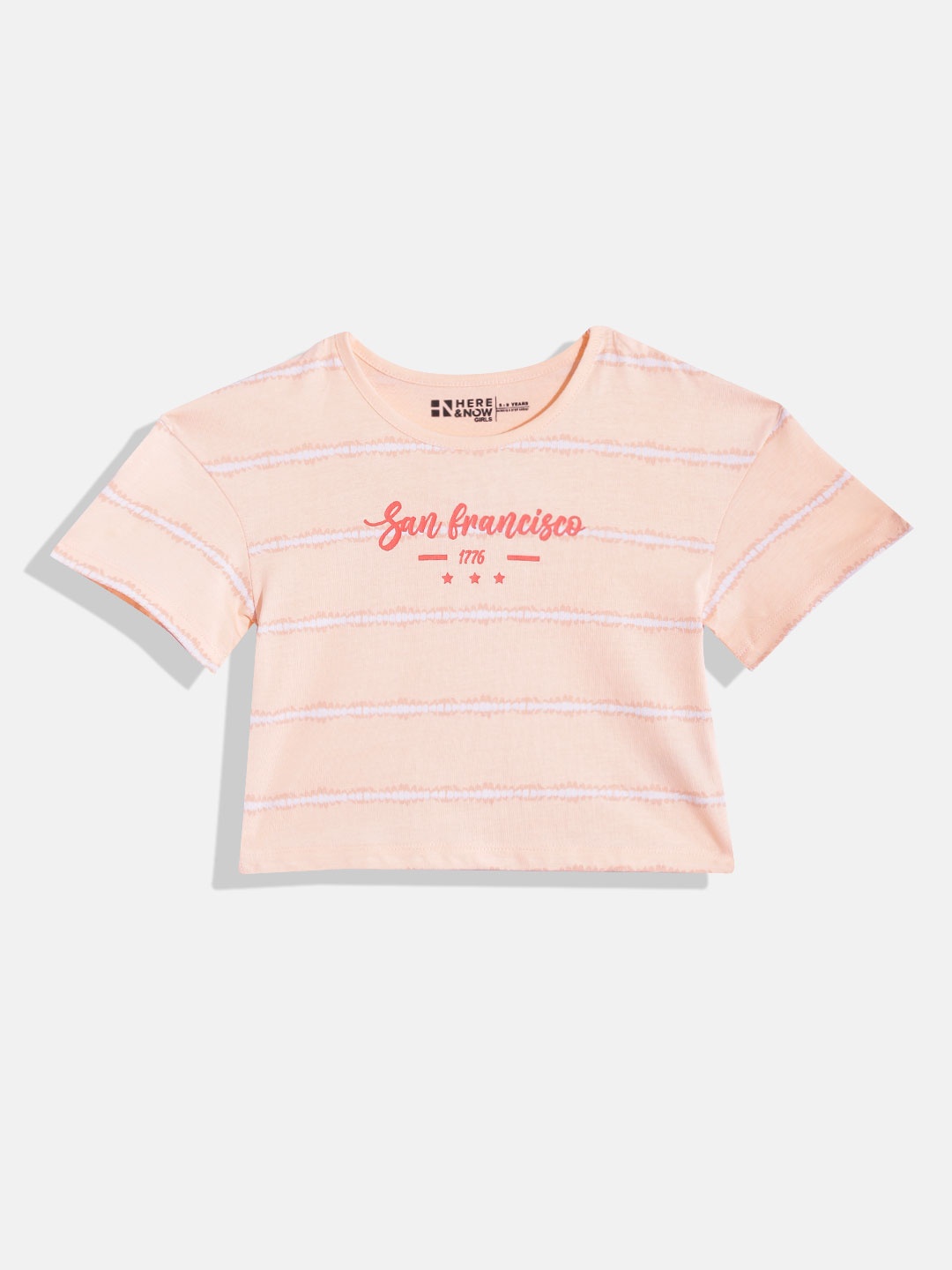 

HERE&NOW Girls Pure Cotton Striped Drop-Shoulder Sleeves Boxy T-shirt, Peach