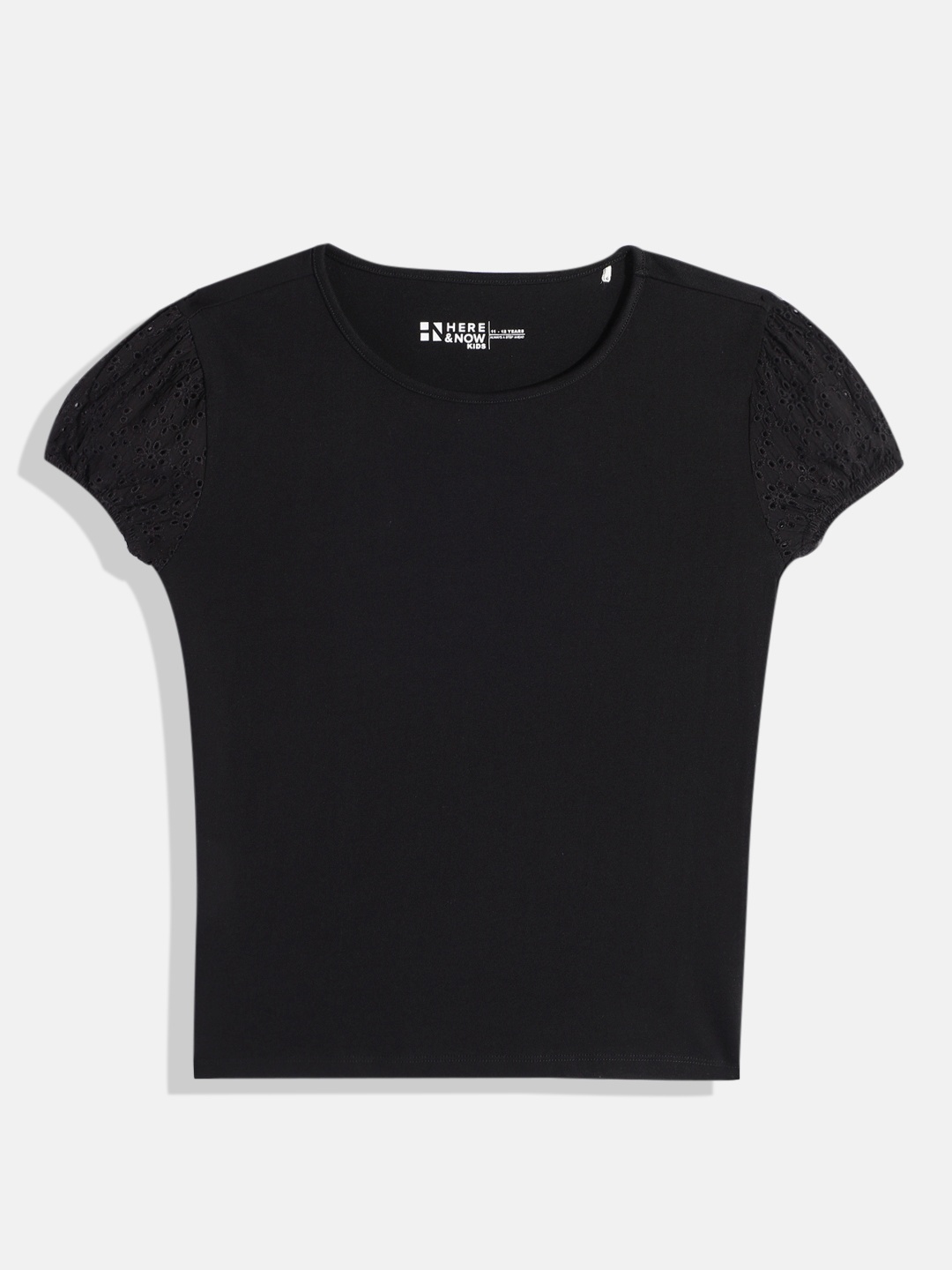 

HERE&NOW Girls Solid Round Neck Puff Sleeves Schiffli Knitted Pure Cotton Top, Black