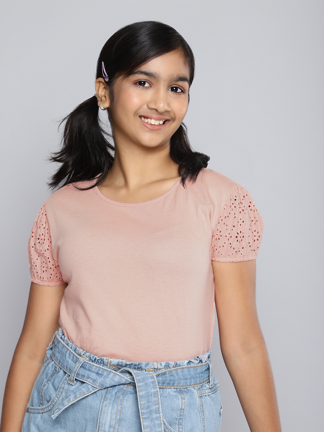 

HERE&NOW Girls Solid Round Neck Puff Sleeves Schiffli Knitted Pure Cotton Top, Peach