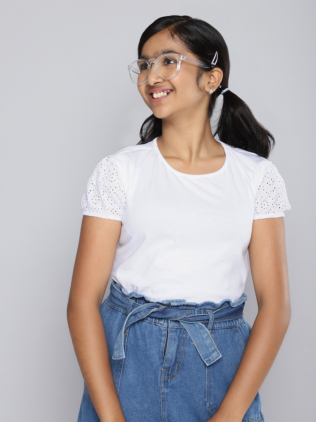 

HERE&NOW Girls Solid Round Neck Puff Sleeves Schiffli Knitted Pure Cotton Top, White