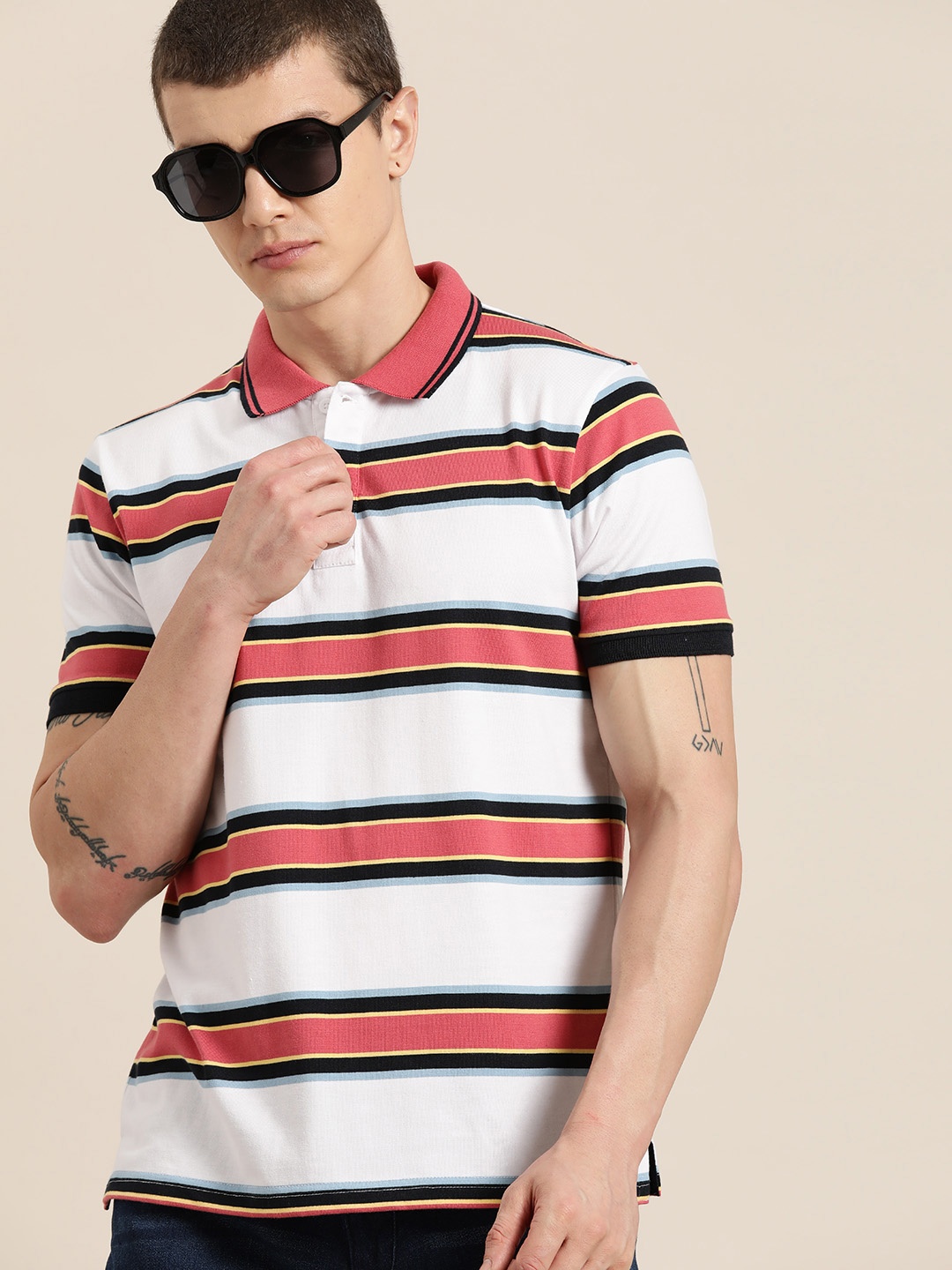 

Moda Rapido Striped Polo Collar T-shirt, White