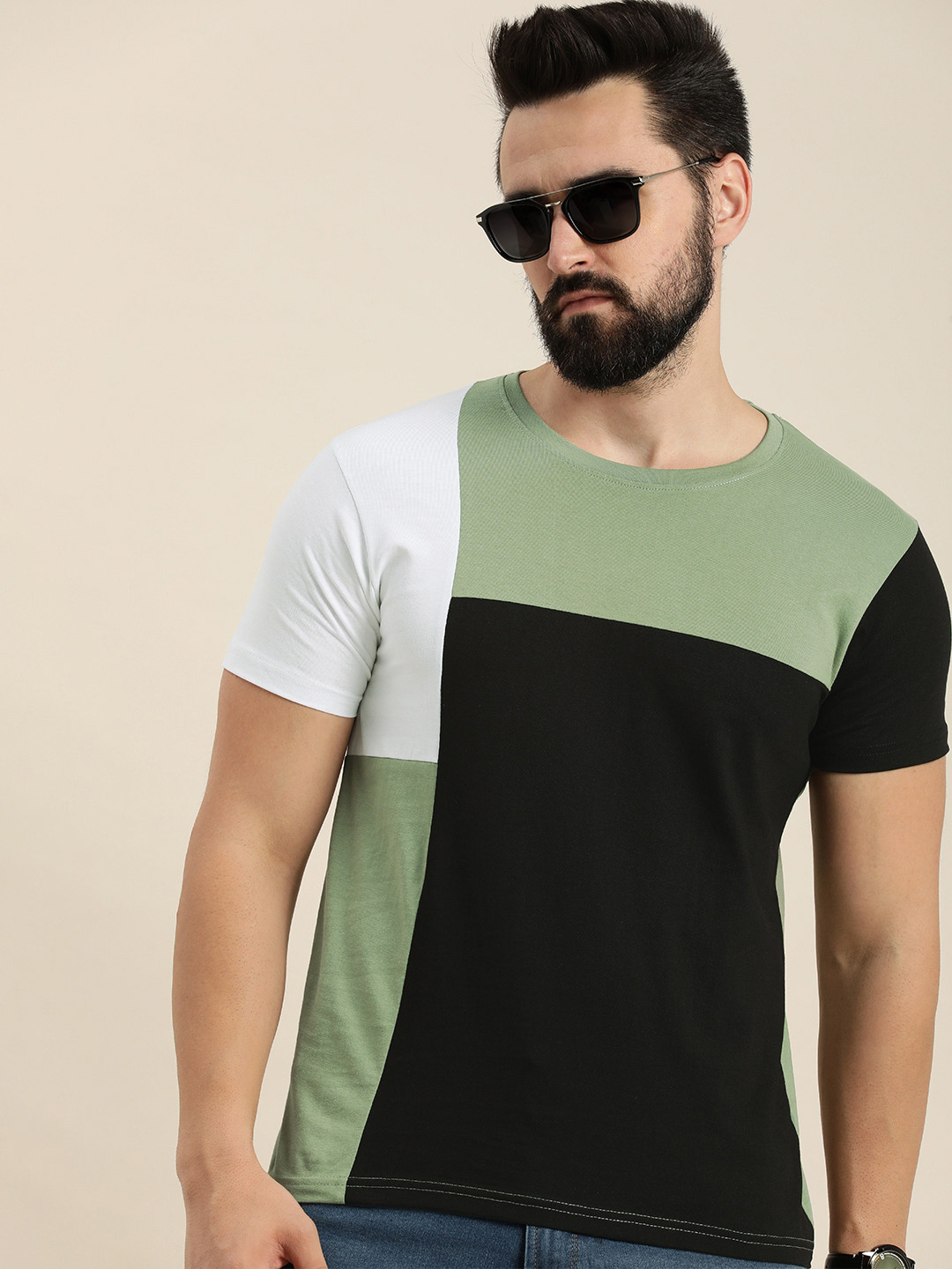 

Moda Rapido Colourblocked Pure Cotton T-shirt, Green