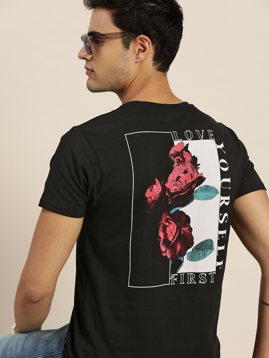 

Moda Rapido Back Floral Printed Pure Cotton T-shirt, Black