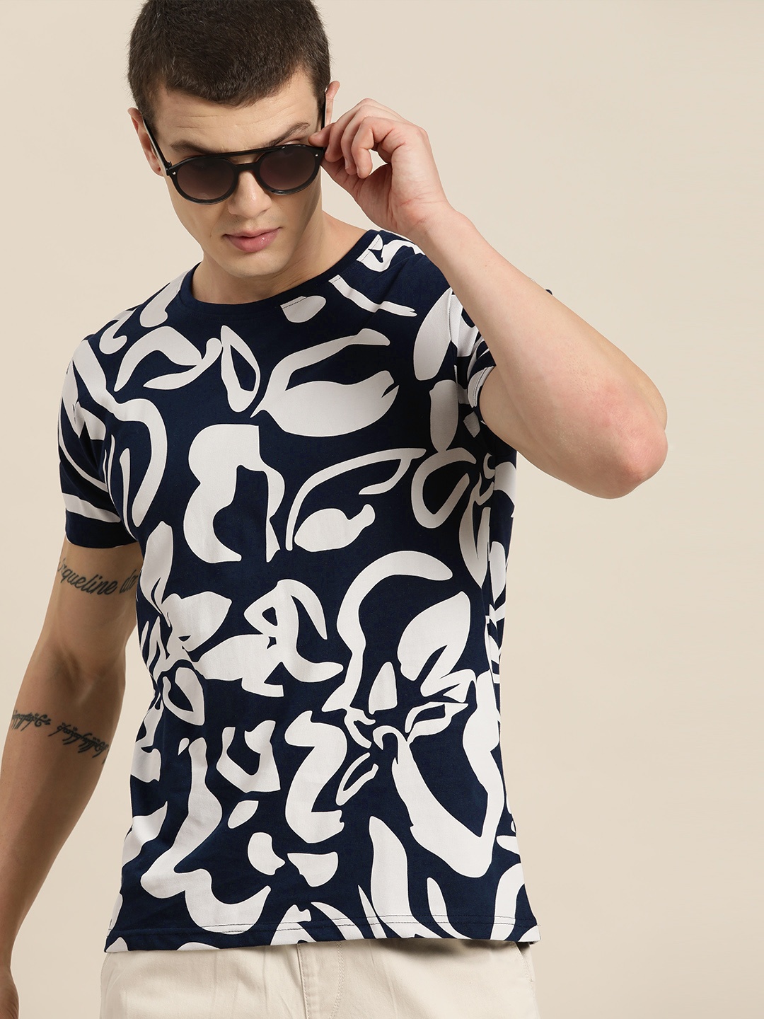 

Moda Rapido Printed Pure Cotton T-shirt, Navy blue