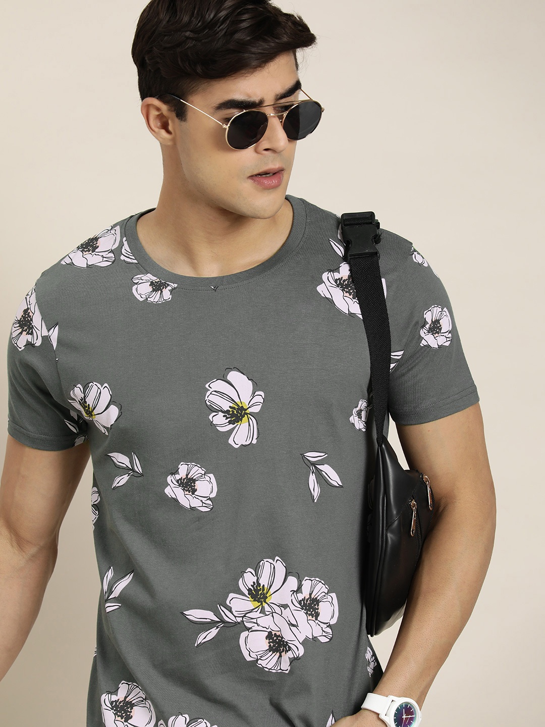 

Moda Rapido Floral Printed Pure Cotton T-shirt, Grey