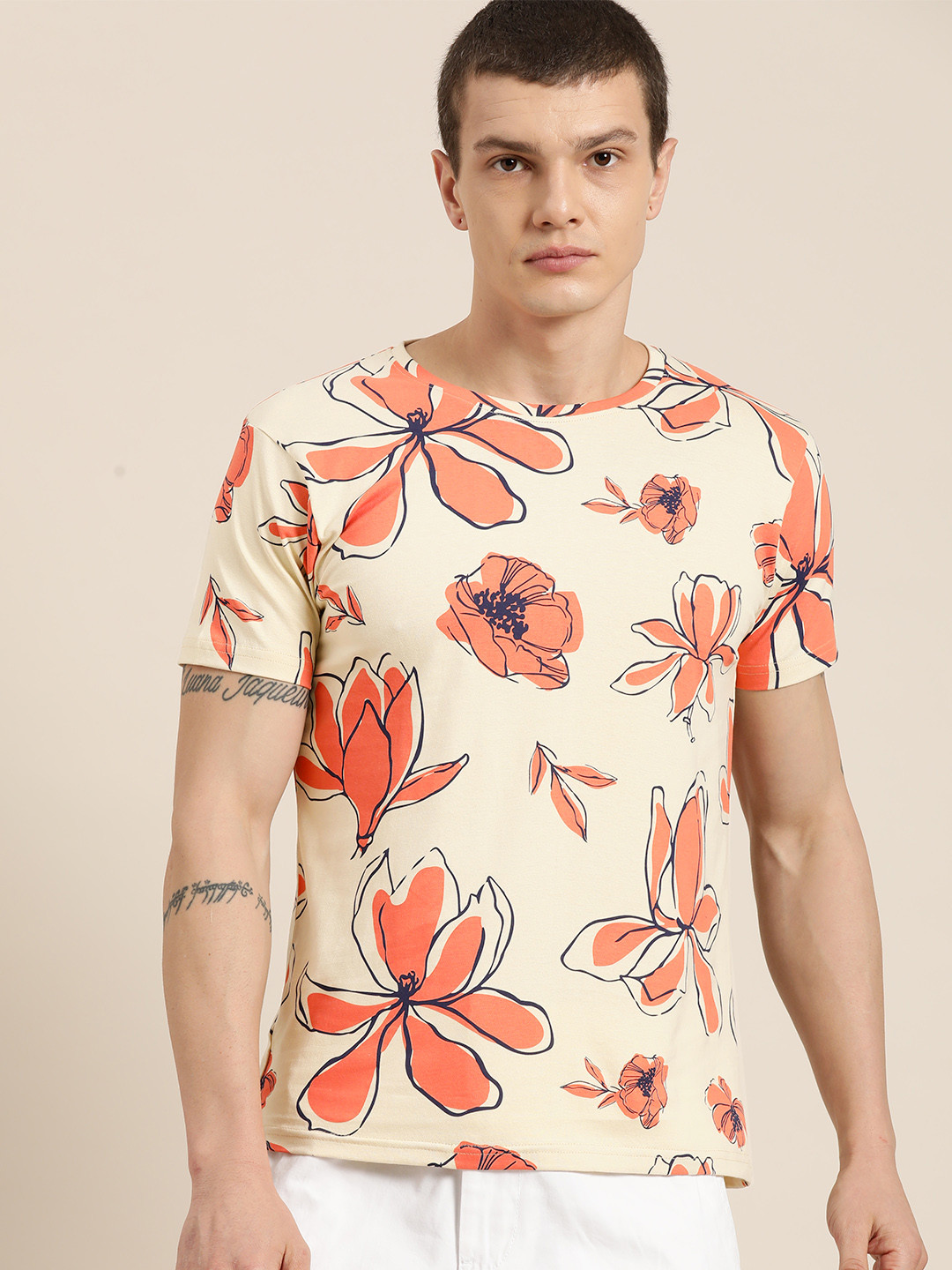

Moda Rapido Floral Print Pure Cotton T-shirt, Beige