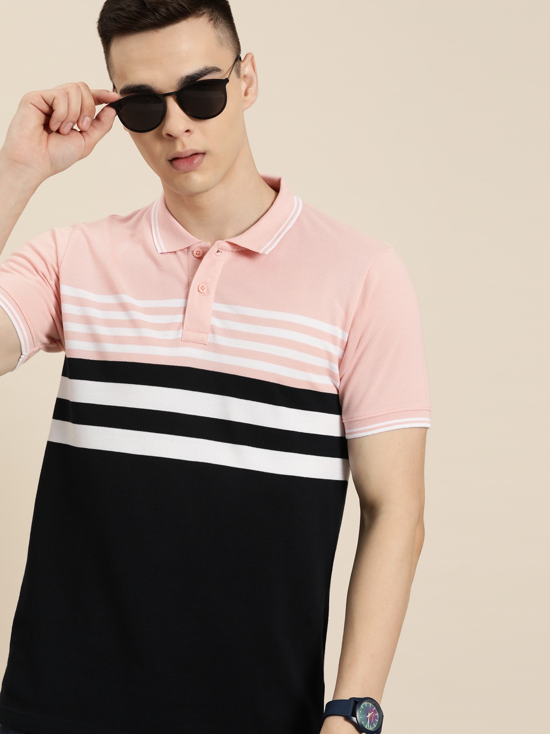 

Moda Rapido Men Striped Polo Collar T-shirt, Pink