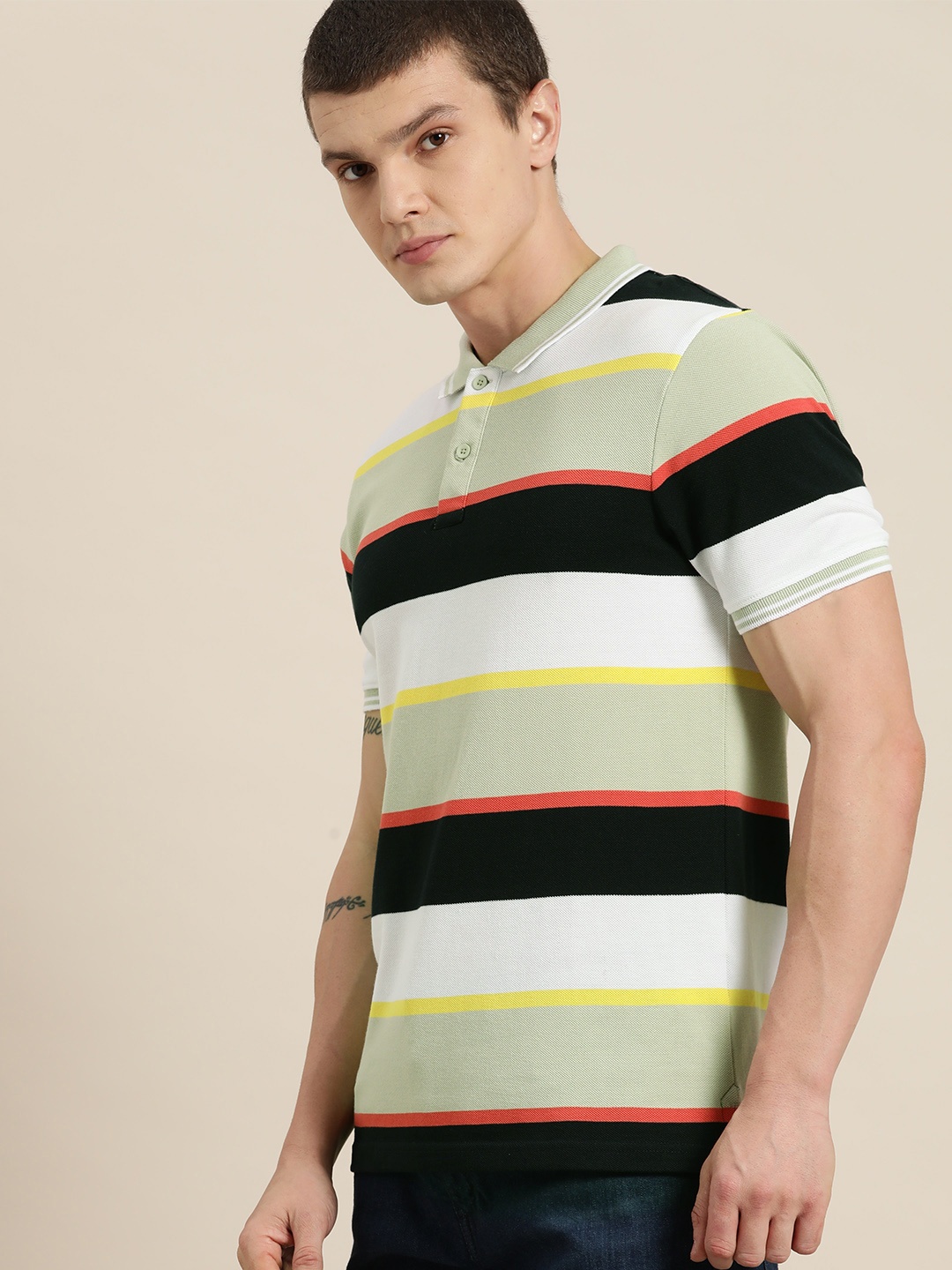

Moda Rapido Men Striped Polo Collar T-shirt, Green