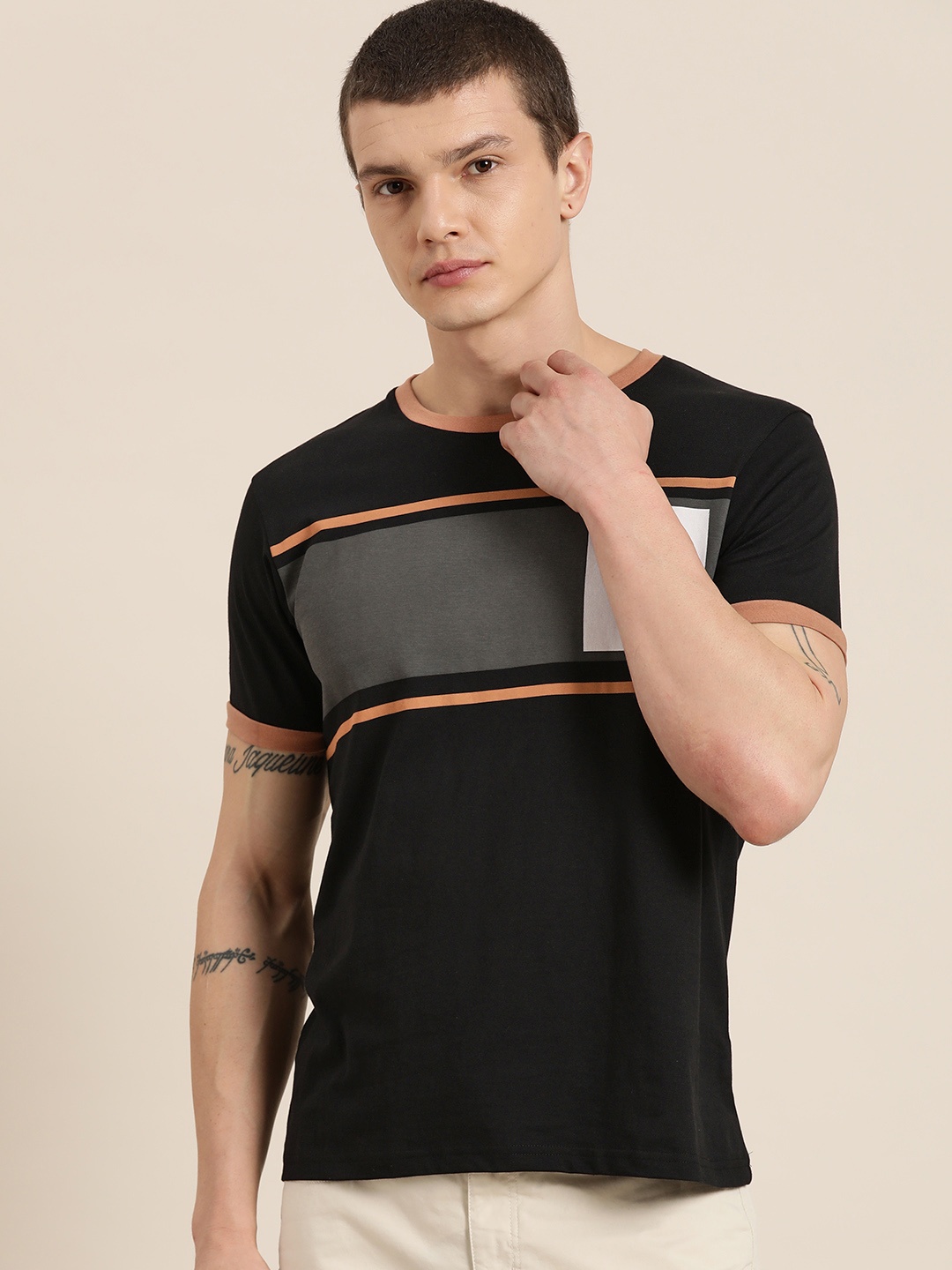 

Moda Rapido Men Striped Pure Cotton T-shirt, Black