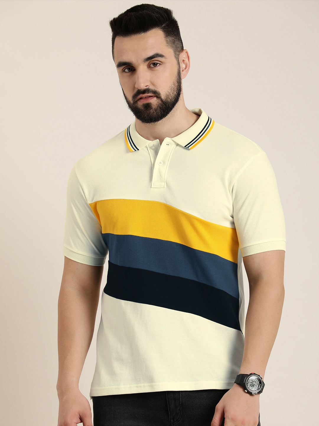 

Moda Rapido Colourblocked Polo Collar Pure Cotton T-shirt, Cream