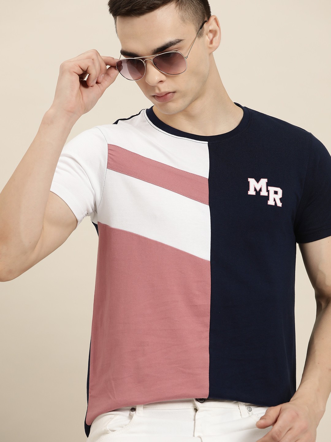 

Moda Rapido Colourblocked Pure Cotton T-shirt, Navy blue