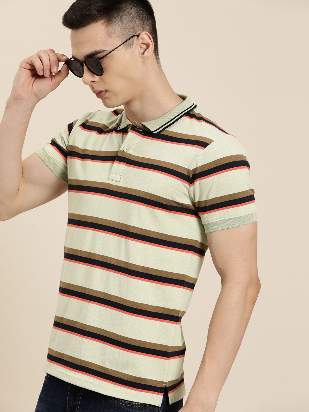 

Moda Rapido Men Striped Polo Collar T-shirt, Green