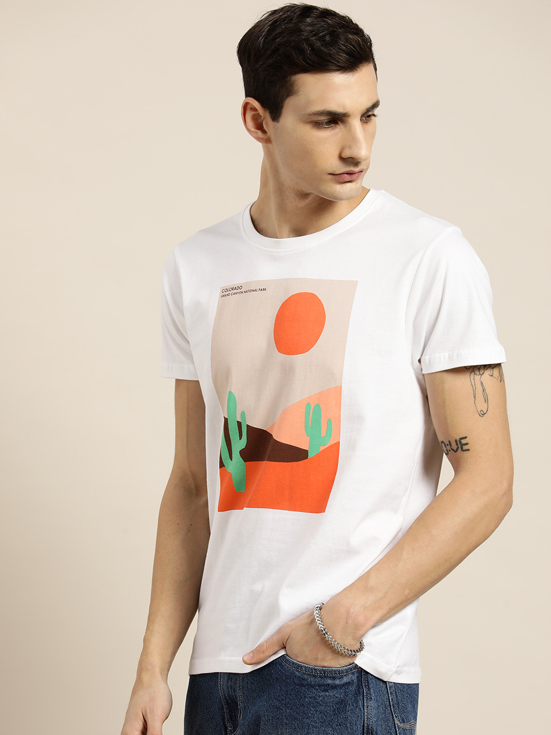 

Moda Rapido Men Graphic Printed Pure Cotton T-shirt, White