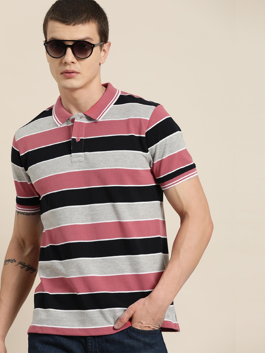 

Moda Rapido Men Striped Polo Collar T-shirt, Grey melange