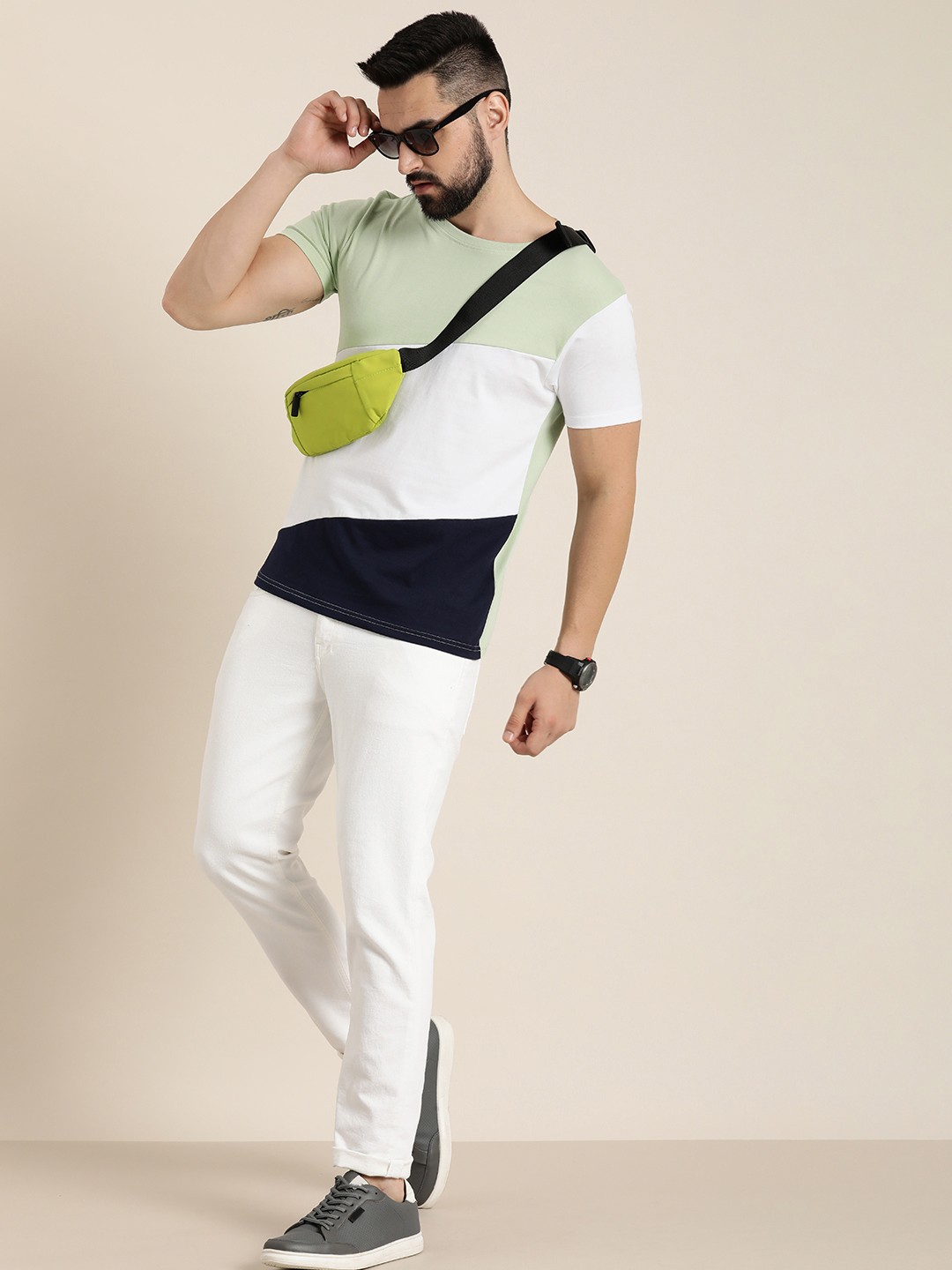 

Moda Rapido Colourblocked Pure Cotton T-shirt, Green