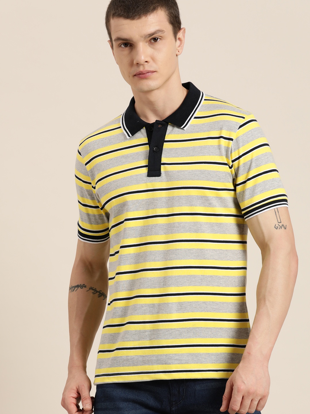 

Moda Rapido Men Striped Polo Collar T-shirt, Grey melange