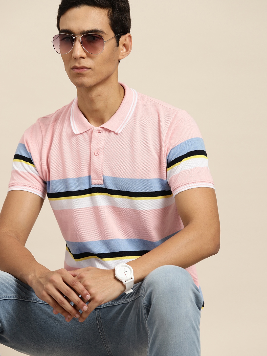 

Moda Rapido Striped Polo Collar T-shirt, Pink