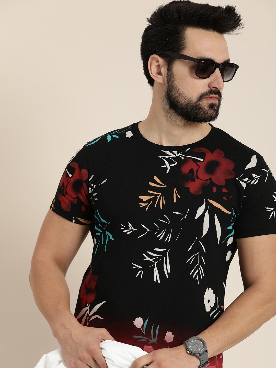 

Moda Rapido Floral Printed Pure Cotton T-shirt, Black