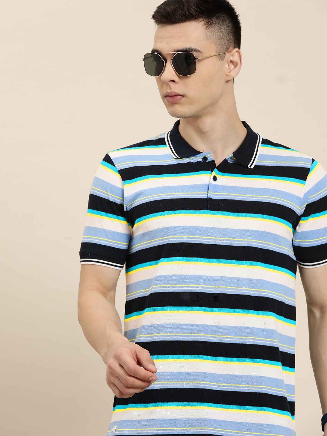 

Moda Rapido Men Striped Polo Collar T-shirt, Blue