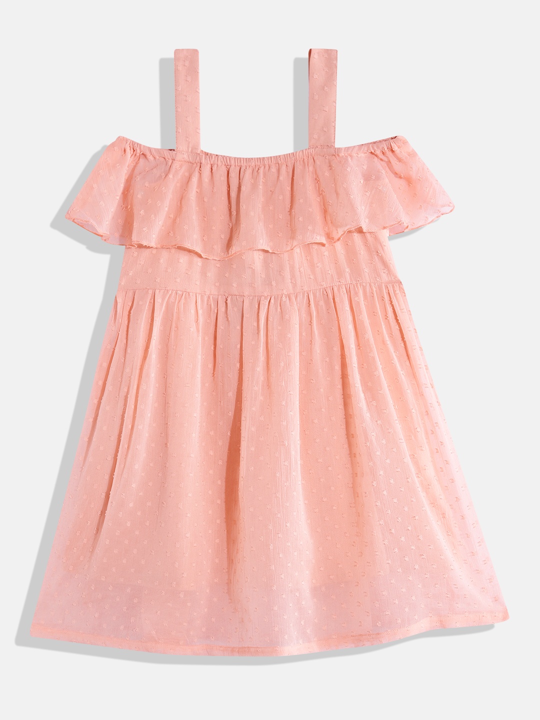

HERE&NOW Girls Dobby Weave Off-Shoulder Ruffled Fit & Flare Dress, Peach