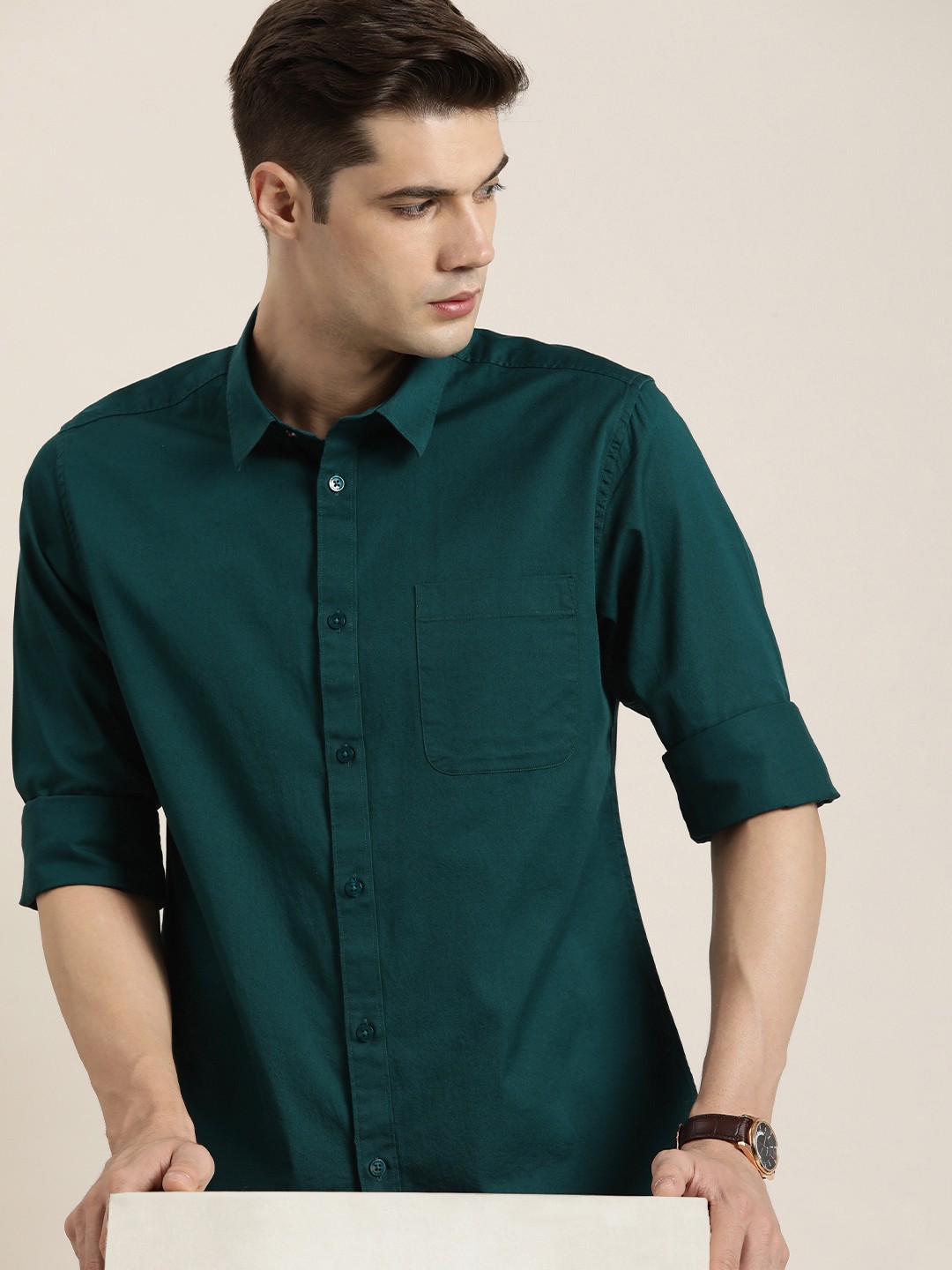 

INVICTUS Pure Cotton Slim Fit Opaque Casual Shirt, Teal