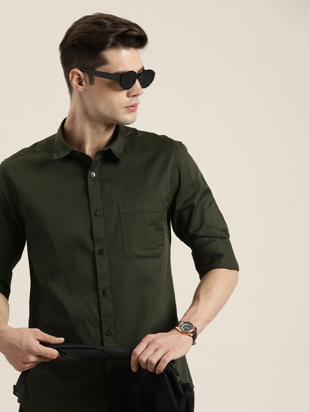 

INVICTUS Pure Cotton Slim Fit Opaque Casual Shirt, Olive