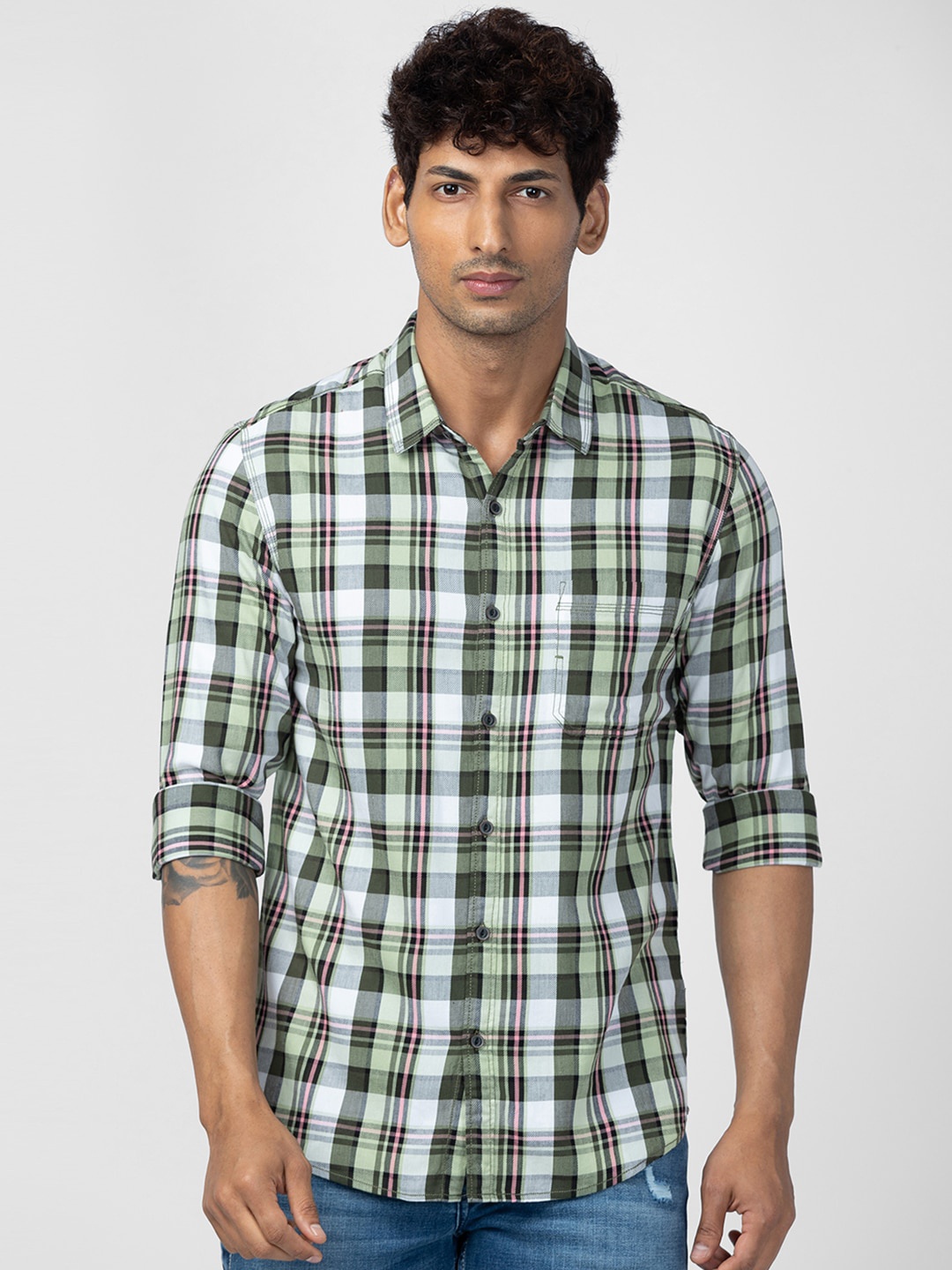 

SPYKAR Men Slim Fit Tartan Checks Checked Casual Shirt, Green