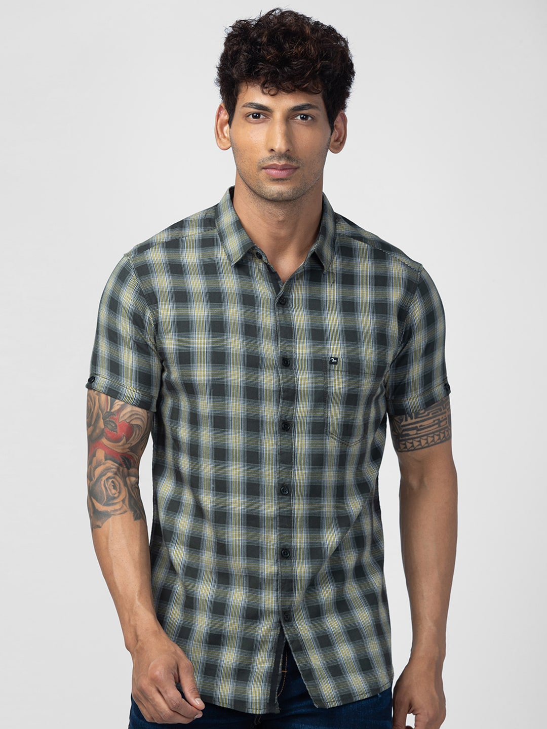 

SPYKAR Men Slim Fit Tartan Checks Checked Cotton Casual Shirt, Green