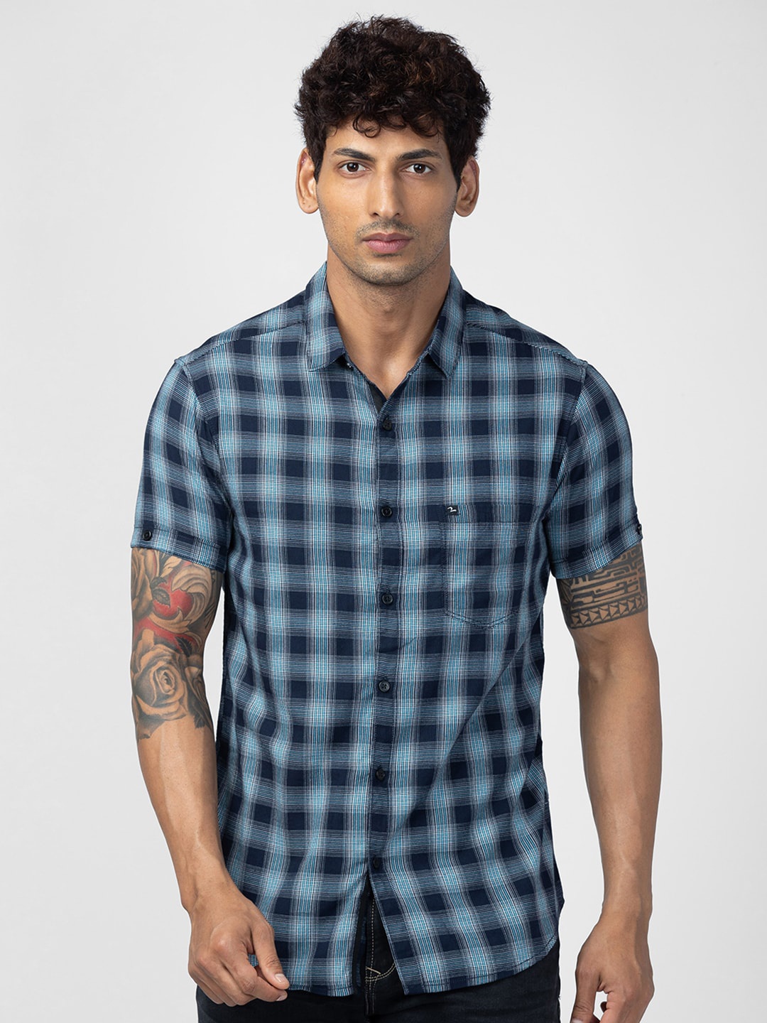 

SPYKAR Men Slim Fit Tartan Checks Checked Cotton Casual Shirt, Blue