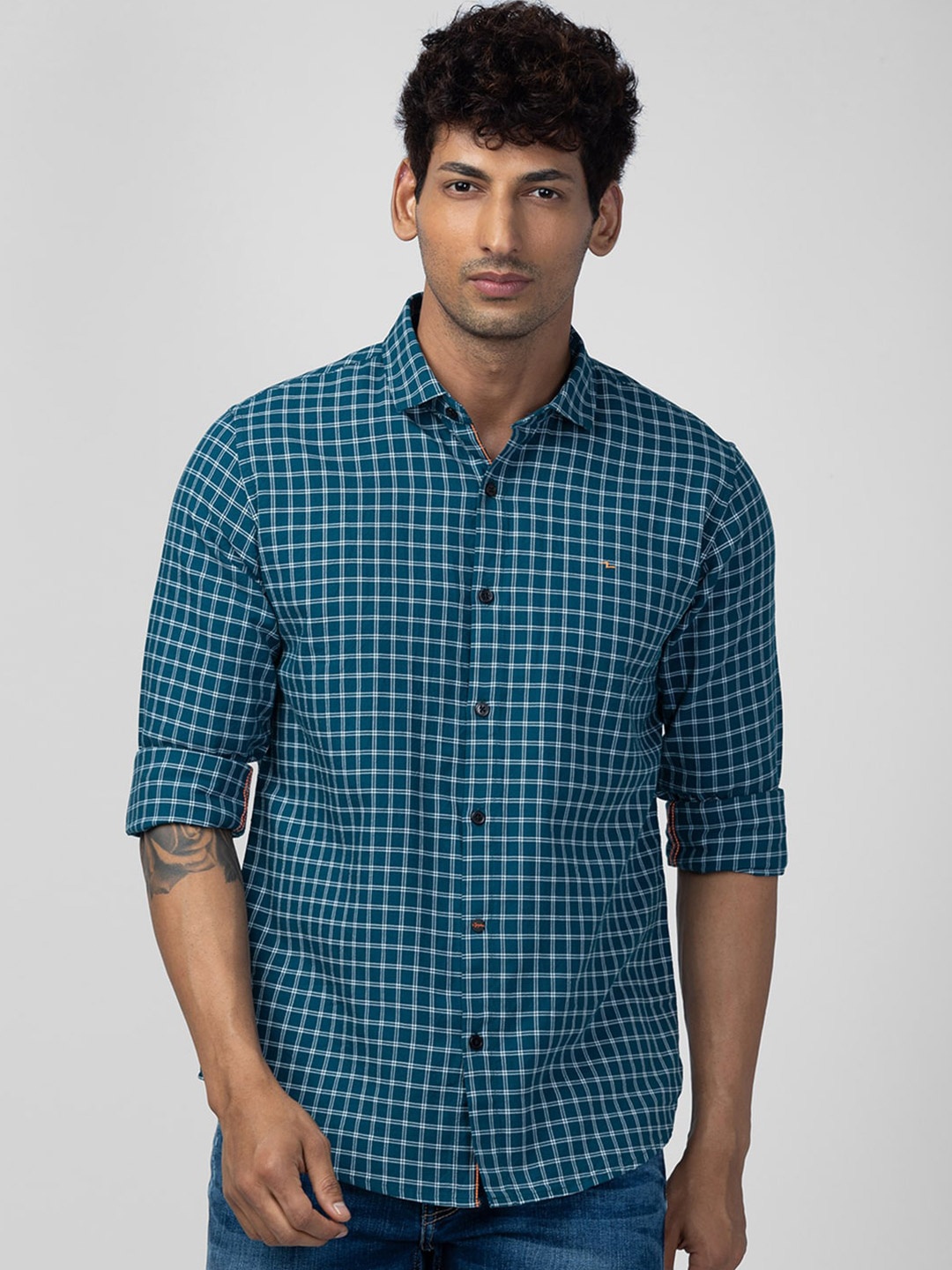 

SPYKAR Men Slim Fit Checked Casual Cotton Shirt, Blue