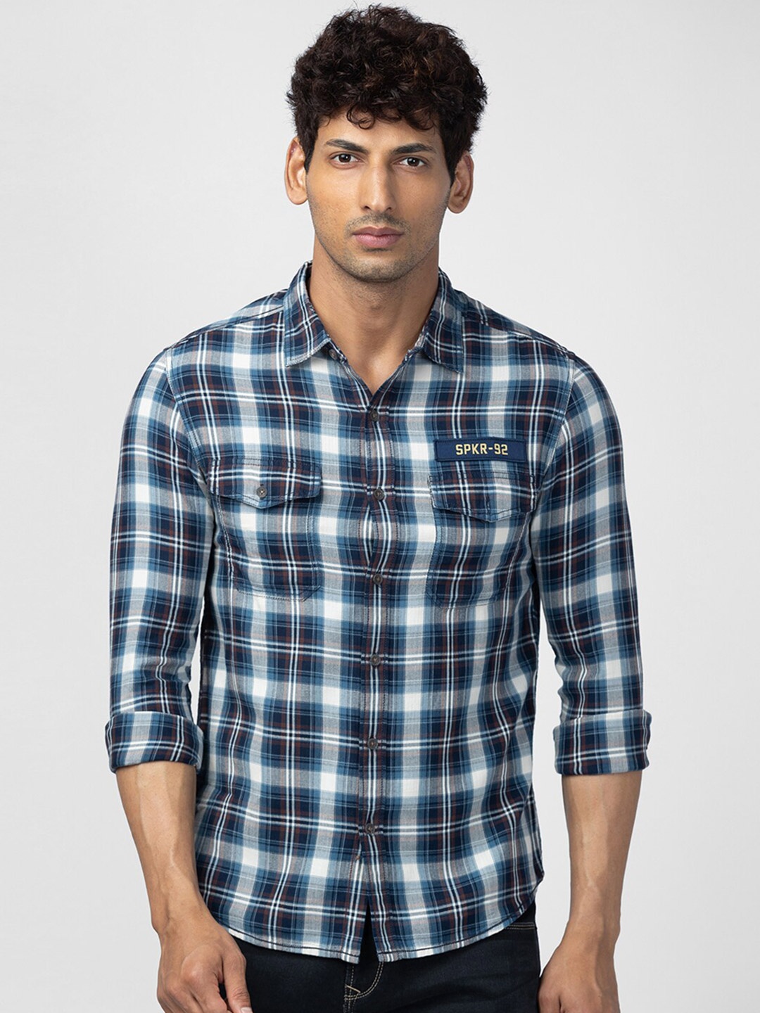 

SPYKAR Men Slim Fit Tartan Checks Checked Cotton Casual Shirt, Blue