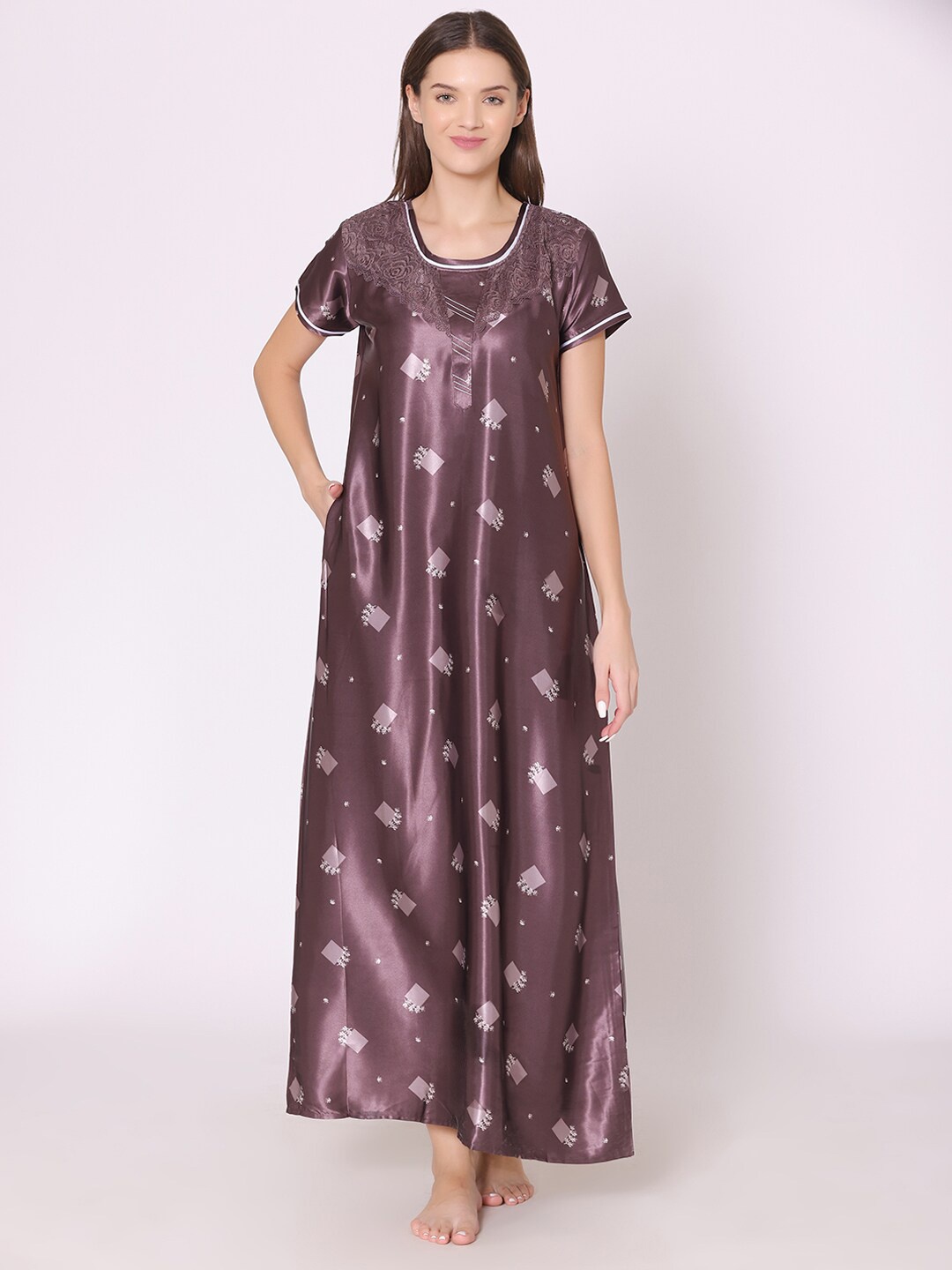 

Bodycare Women Plus Size Floral Printed Satin Maxi Nightdress, Burgundy