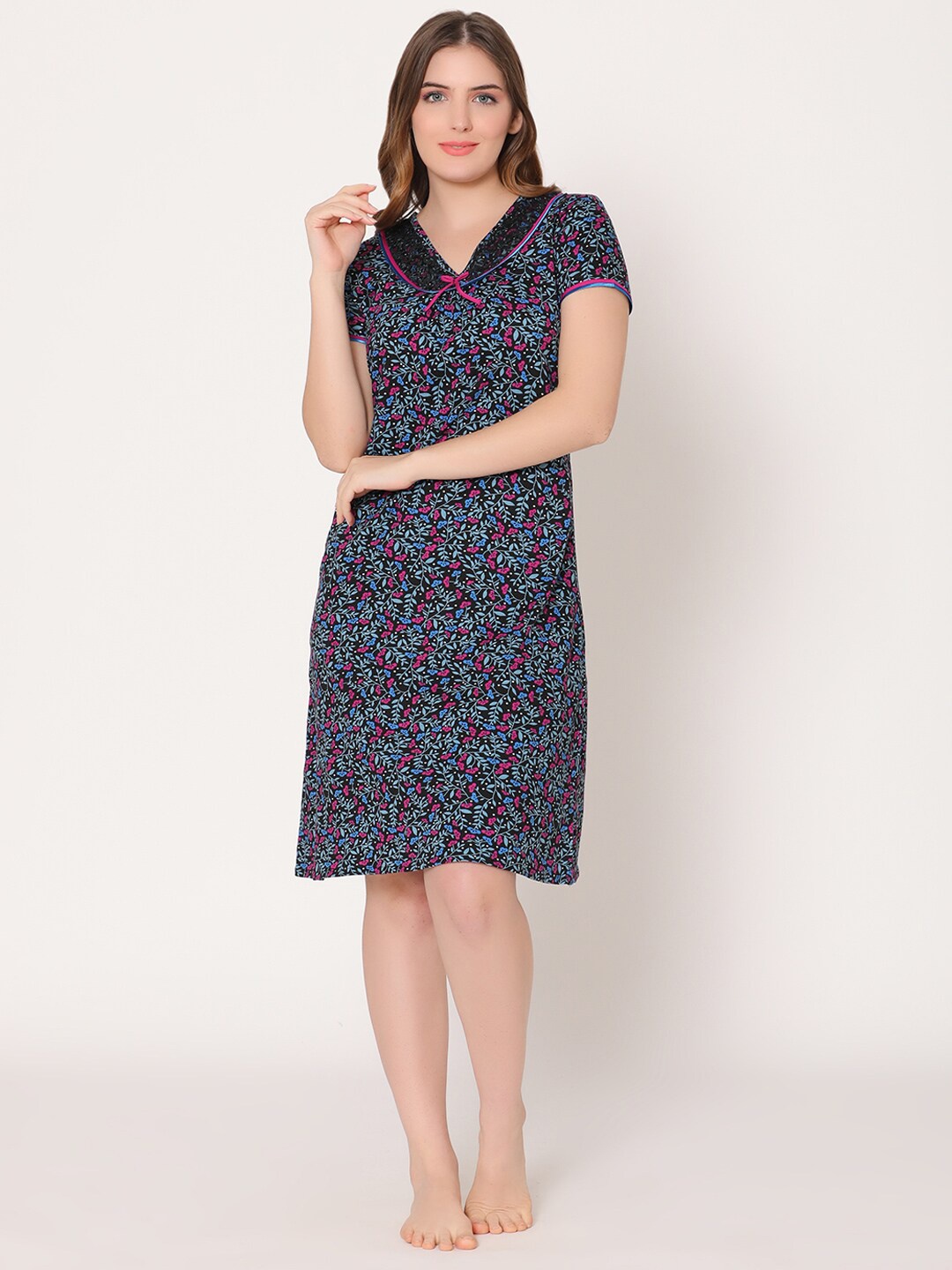 

Bodycare Women Plus Size Floral Printed Nightdress, Navy blue