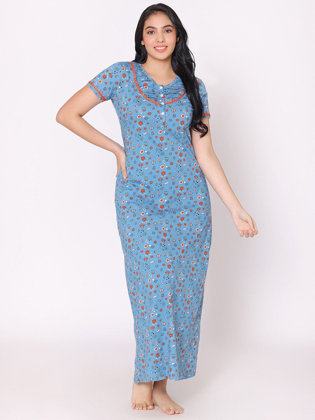 

Bodycare Women Printed Maxi Nightdress, Blue