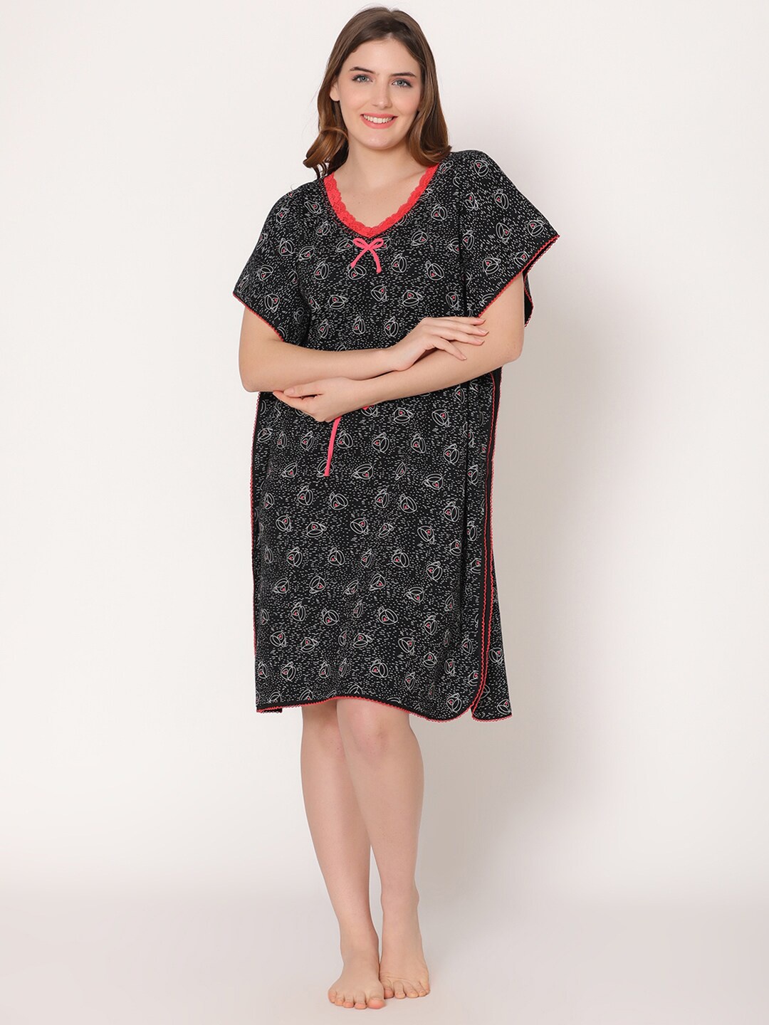 

Bodycare Women Printed Kaftan Nightdress, Black