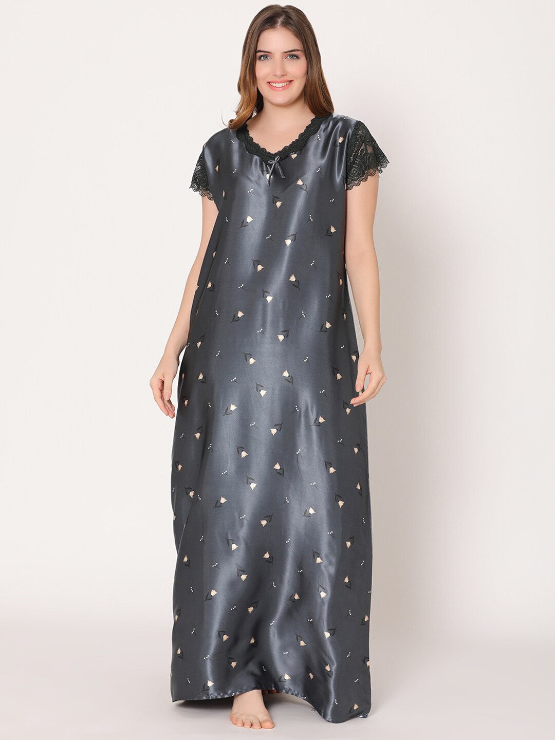 

Bodycare Women Printed Satin Maxi Nightdress, Grey