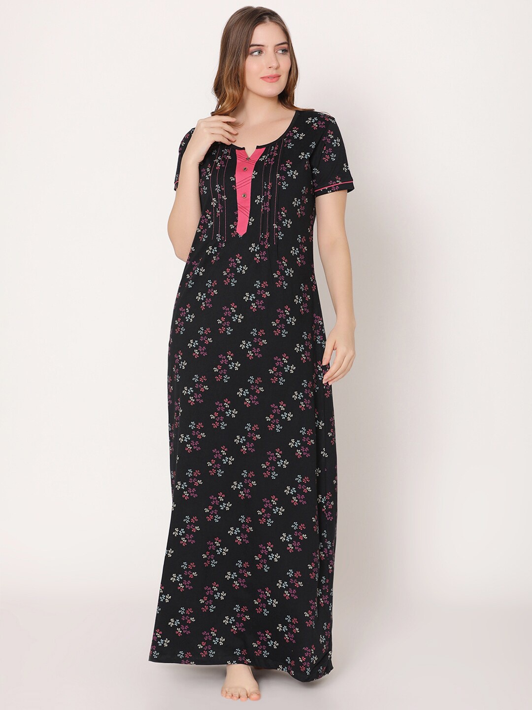 

Bodycare Women Floral Printed Maxi Nightdress, Black