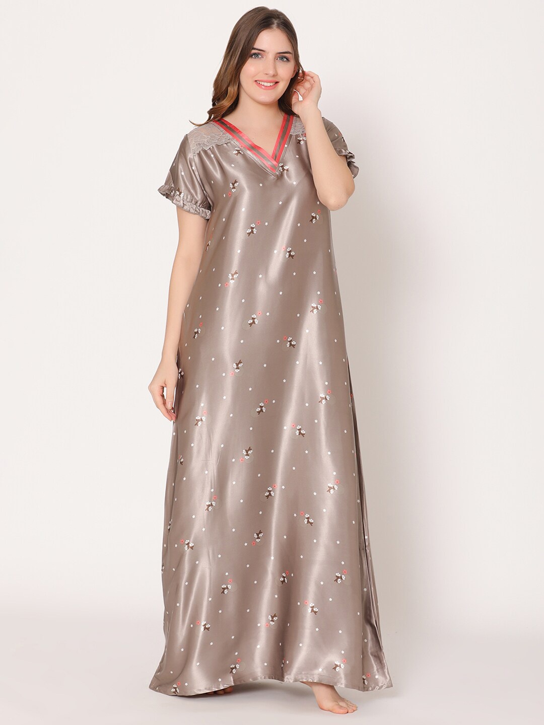 

Bodycare Women Printed Satin Maxi Nightdress, Brown