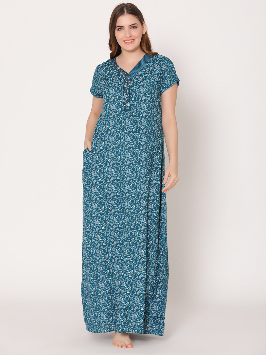 

Bodycare Women Printed Maxi Nightdress, Teal