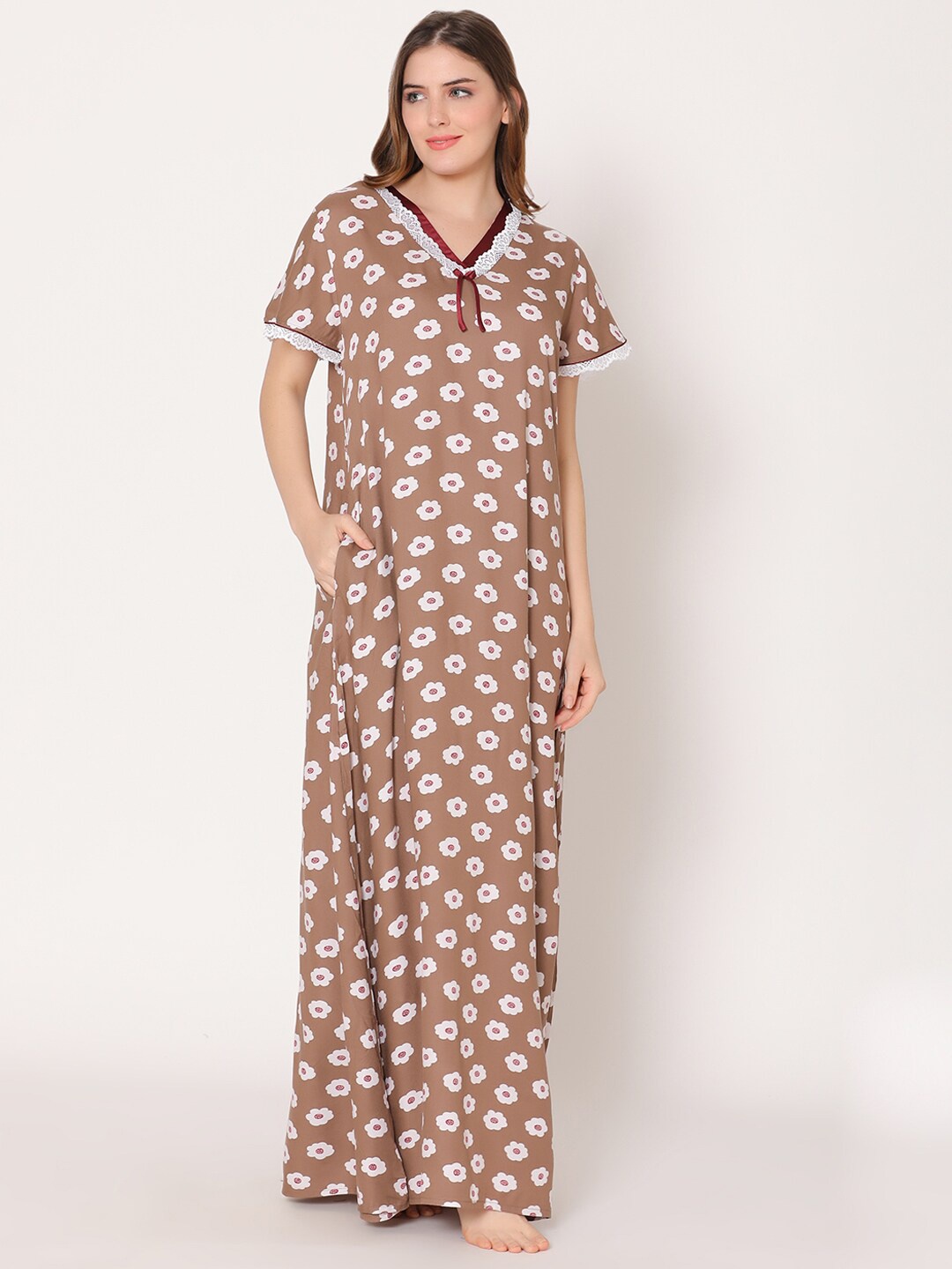 

Bodycare Women Floral Printed Maxi Nightdress, Brown