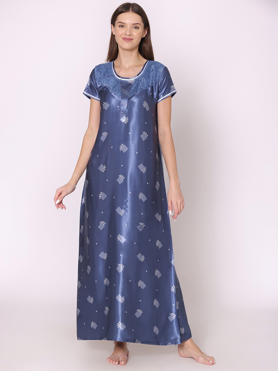 

Bodycare Women Printed Satin Maxi Nightdress, Blue