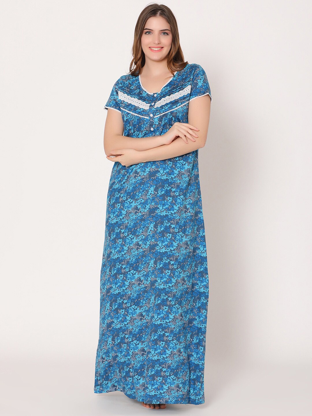 

Bodycare Women Printed Maxi Nightdress, Blue