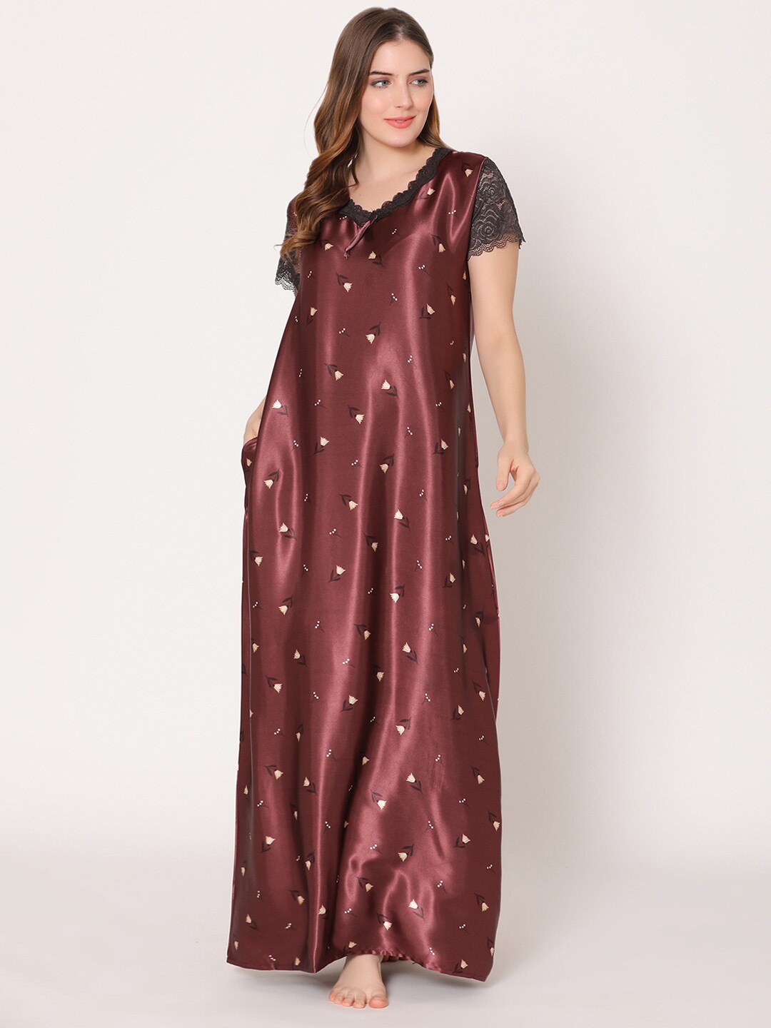 

Bodycare Women Printed Satin Maxi Nightdress, Maroon