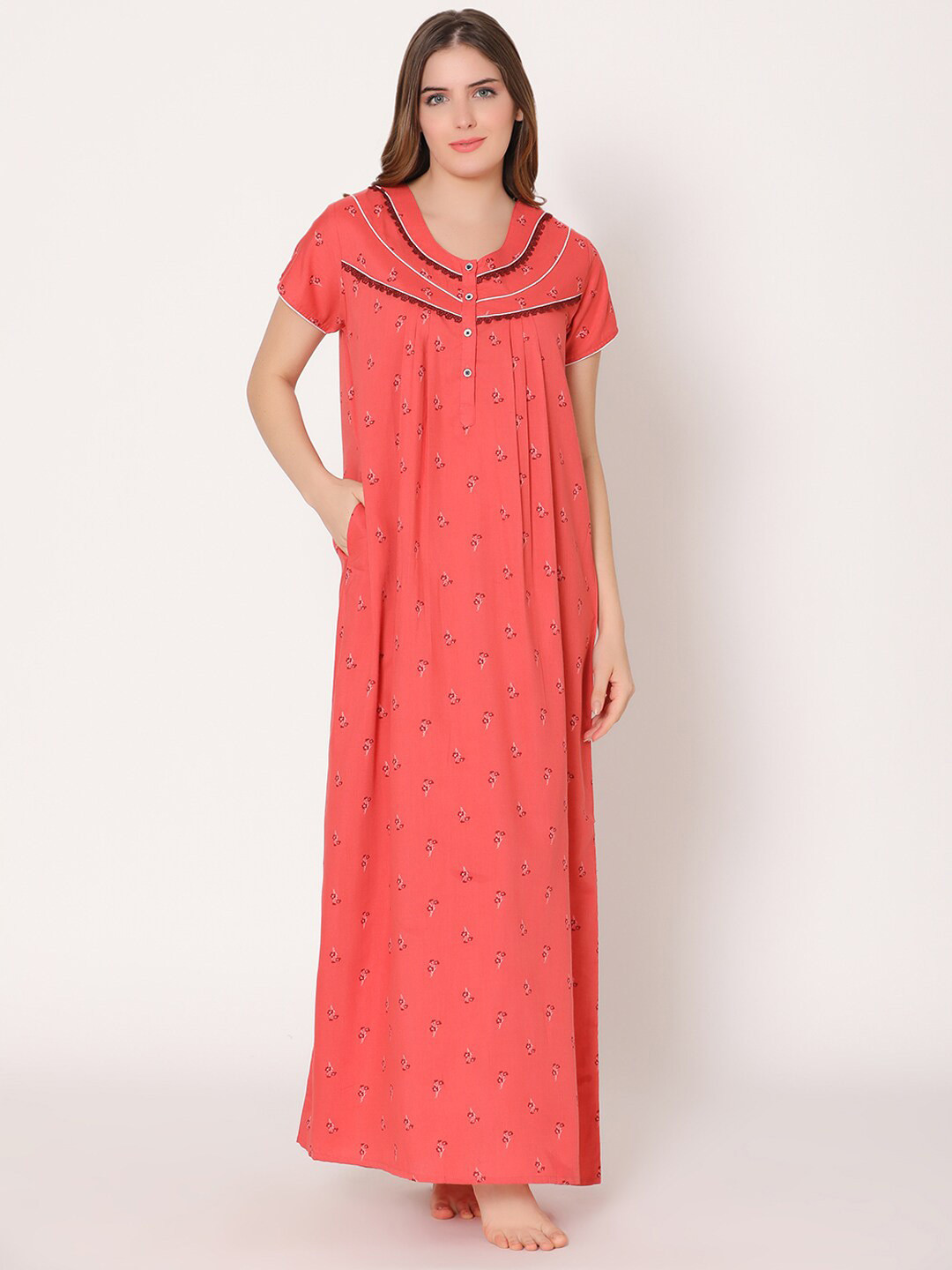 

Bodycare Women Printed Maxi Nightdress, Coral